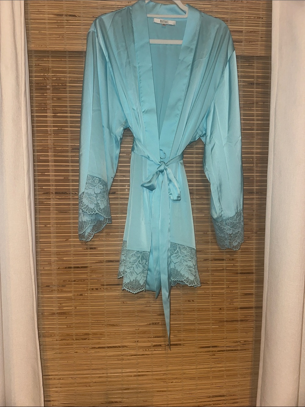 Like New! $168 Badgley Mischka Blue Silky Satin Sparkle Lace-Trim Robe - Picture 4 of 7